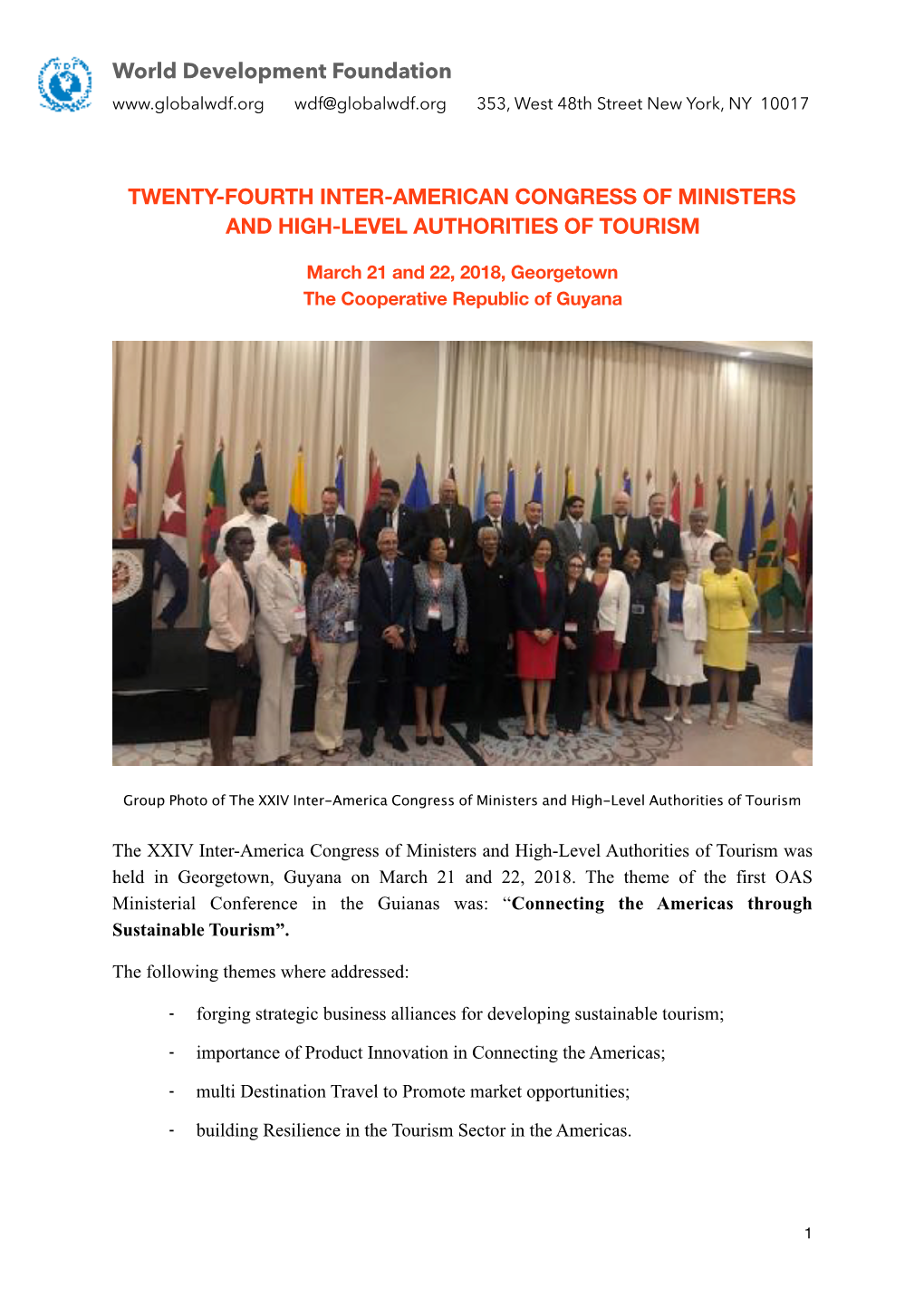 WDF, Report 24Th OAS Congress of Ministers of Tourism, Georgetown, Guyana