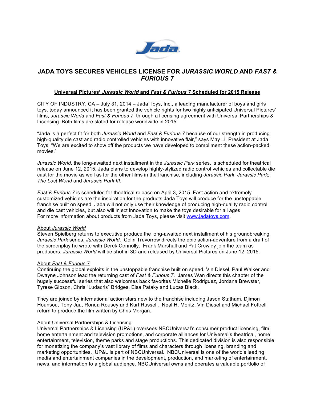 Jada Toys Secures Vehicles License for Jurassic World and Fast & Furious 7
