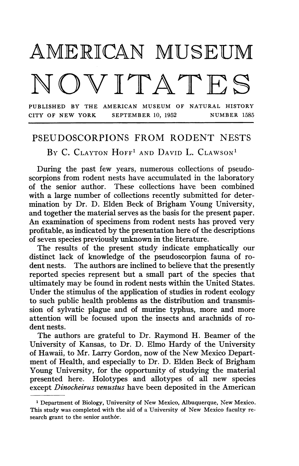 Novistates Published by the American Museum of Natural History City of New York September 10, 1952 Number 1585