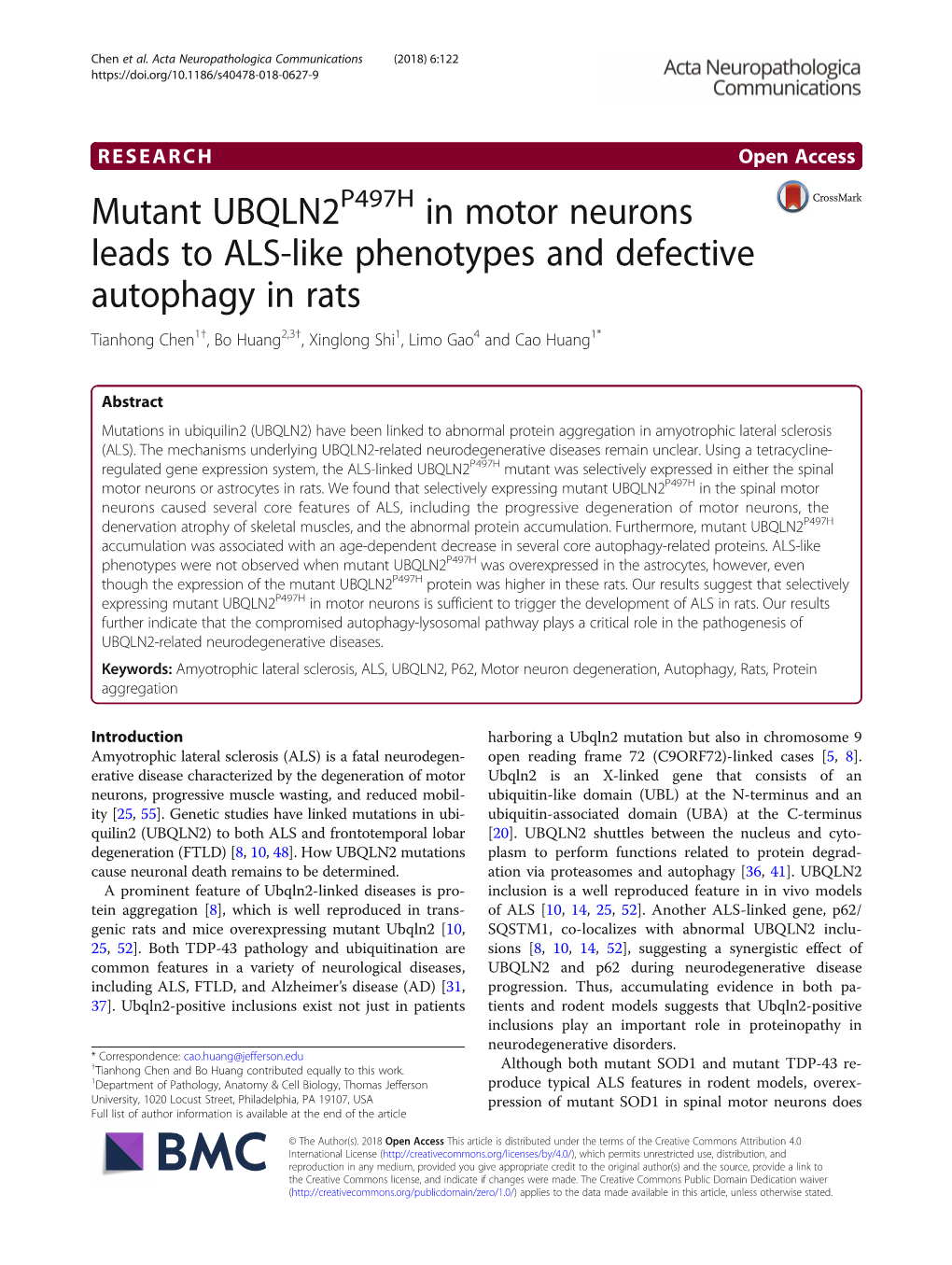 Mutant UBQLN2P497H in Motor Neurons Leads to ALS-Like