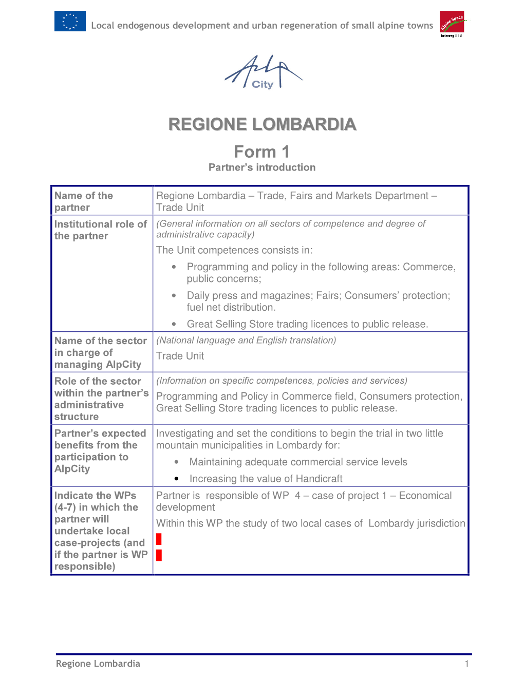 REGIONE LOMBARDIA Form 1