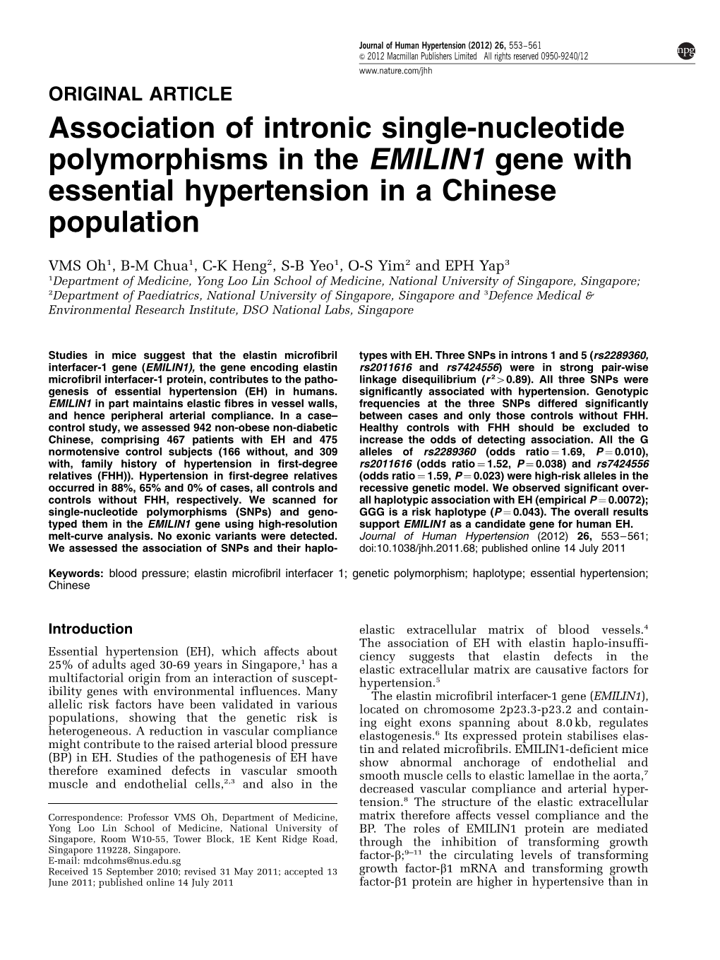 Association of Intronic Single-Nucleotide Polymorphisms in the EMILIN1 Gene with Essential Hypertension in a Chinese Population