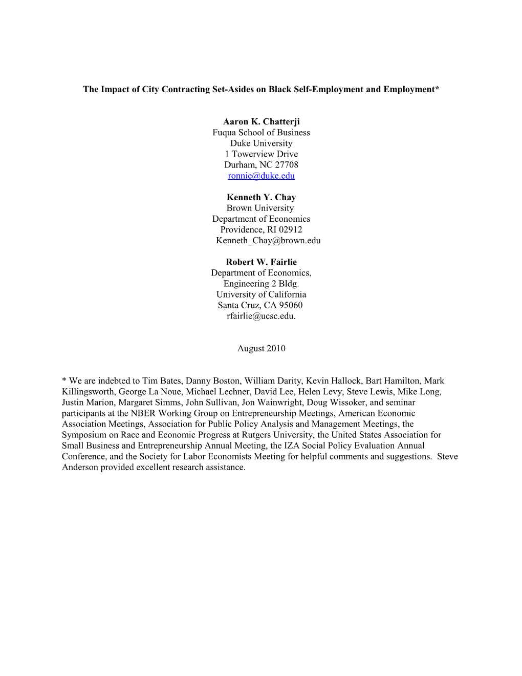 The Impact of City Contracting Set-Asides on Black Self-Employment and Employment*