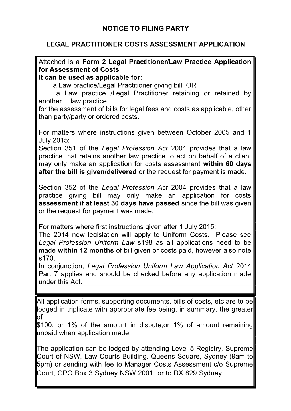 Legal Practitioner Costs Assessment Application