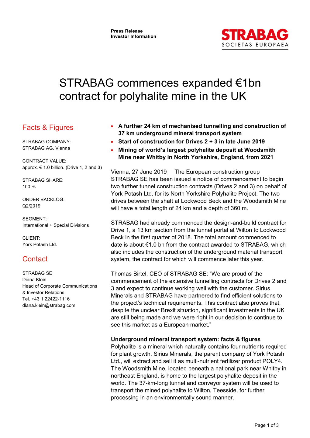 STRABAG Commences Expanded €1Bn Contract for Polyhalite Mine in the UK