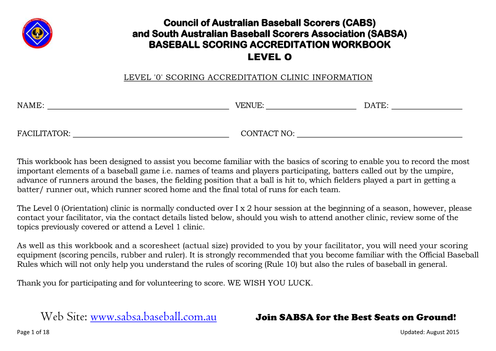 Web Site: Join SABSA for the Best Seats on Ground! Page 1 of 18 Updated: August 2015 CONTENTS