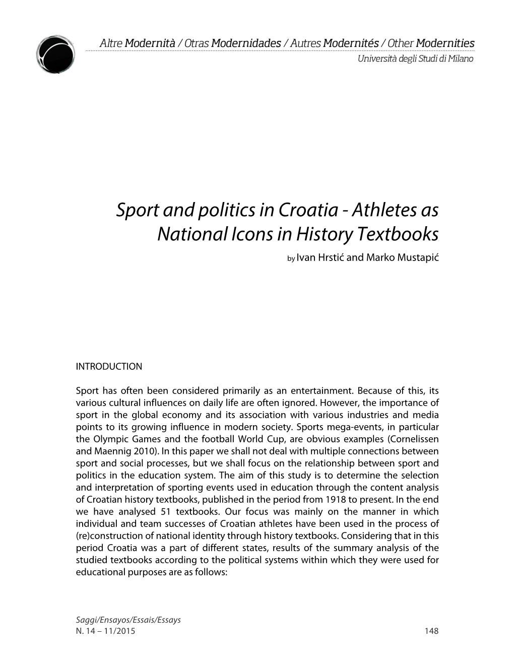 Sport and Politics in Croatia - Athletes As National Icons in History Textbooks