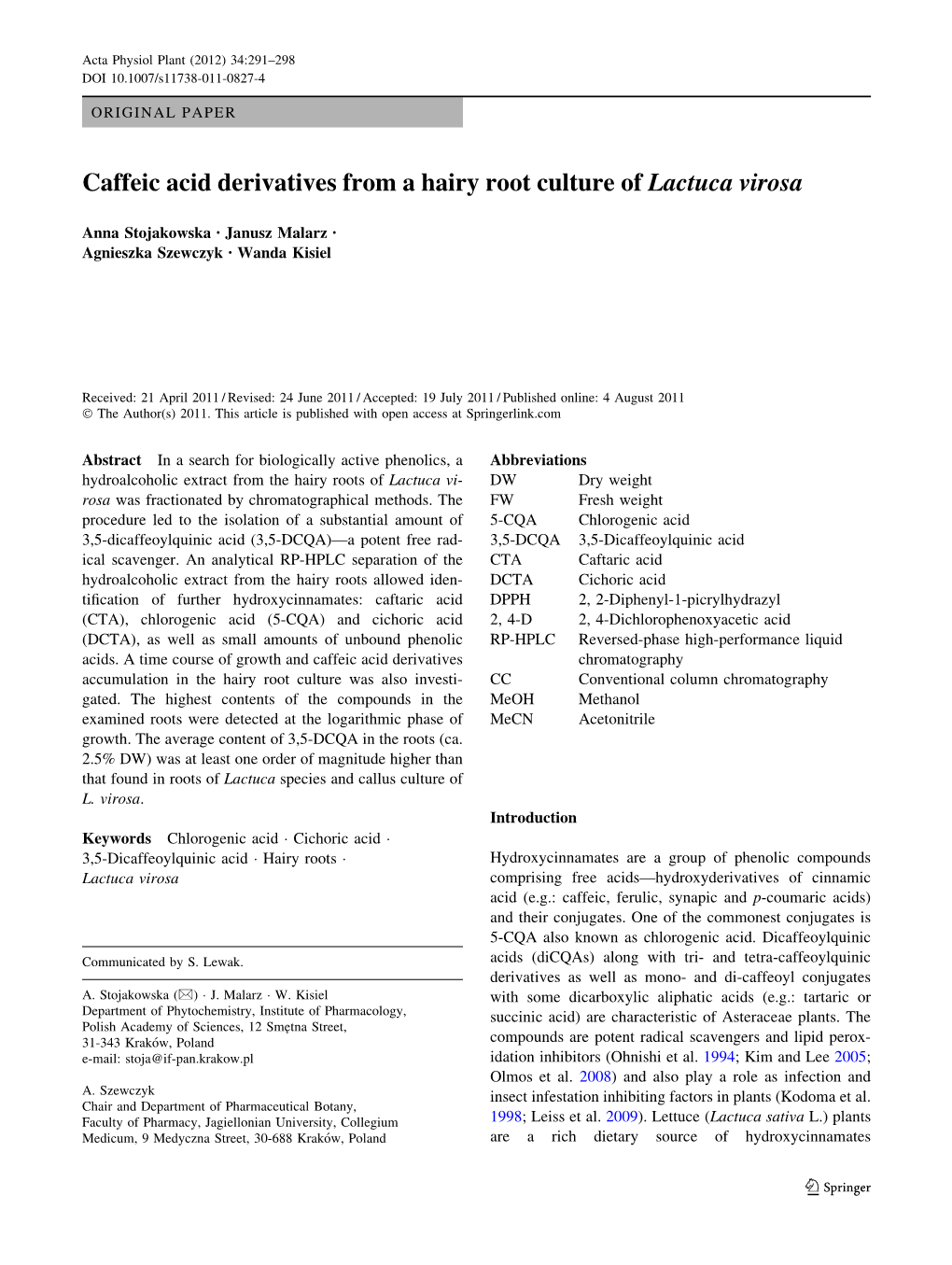 Caffeic Acid Derivatives from a Hairy Root Culture of Lactuca Virosa