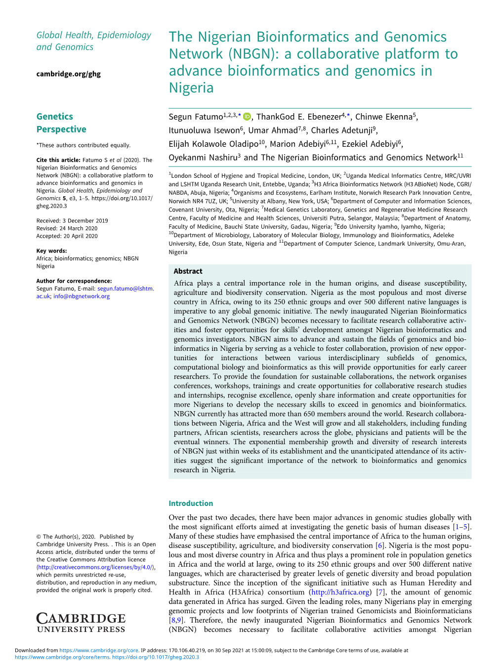 The Nigerian Bioinformatics and Genomics Network