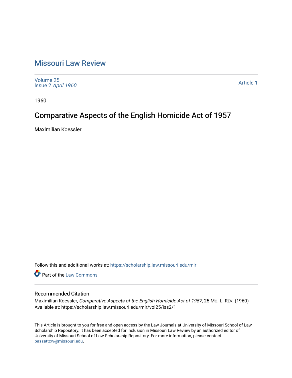 Comparative Aspects of the English Homicide Act of 1957