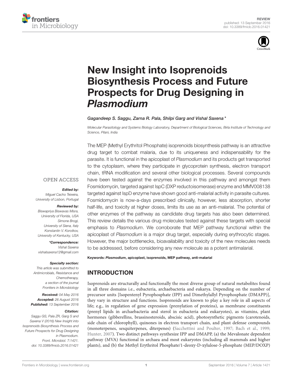 New Insight Into Isoprenoids Biosynthesis Process and Future Prospects for Drug Designing in Plasmodium