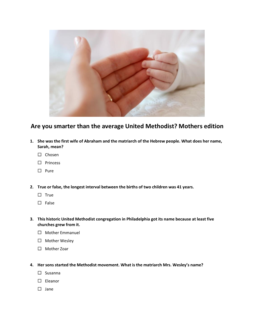 Are You Smarter Than the Average United Methodist? Mothers Edition