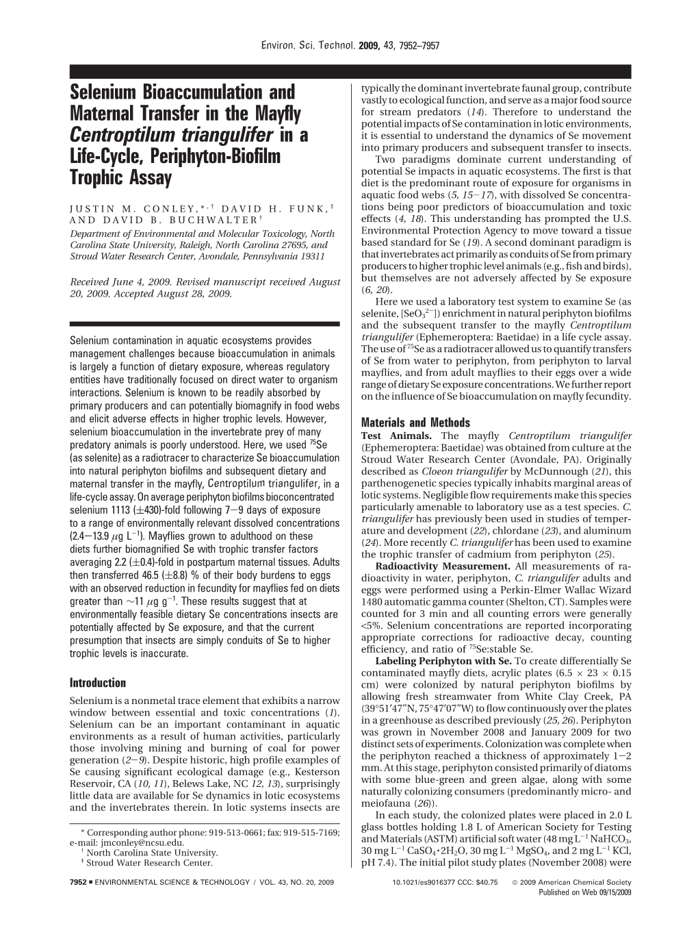 Selenium Bioaccumulation and Maternal Transfer in the Mayfly