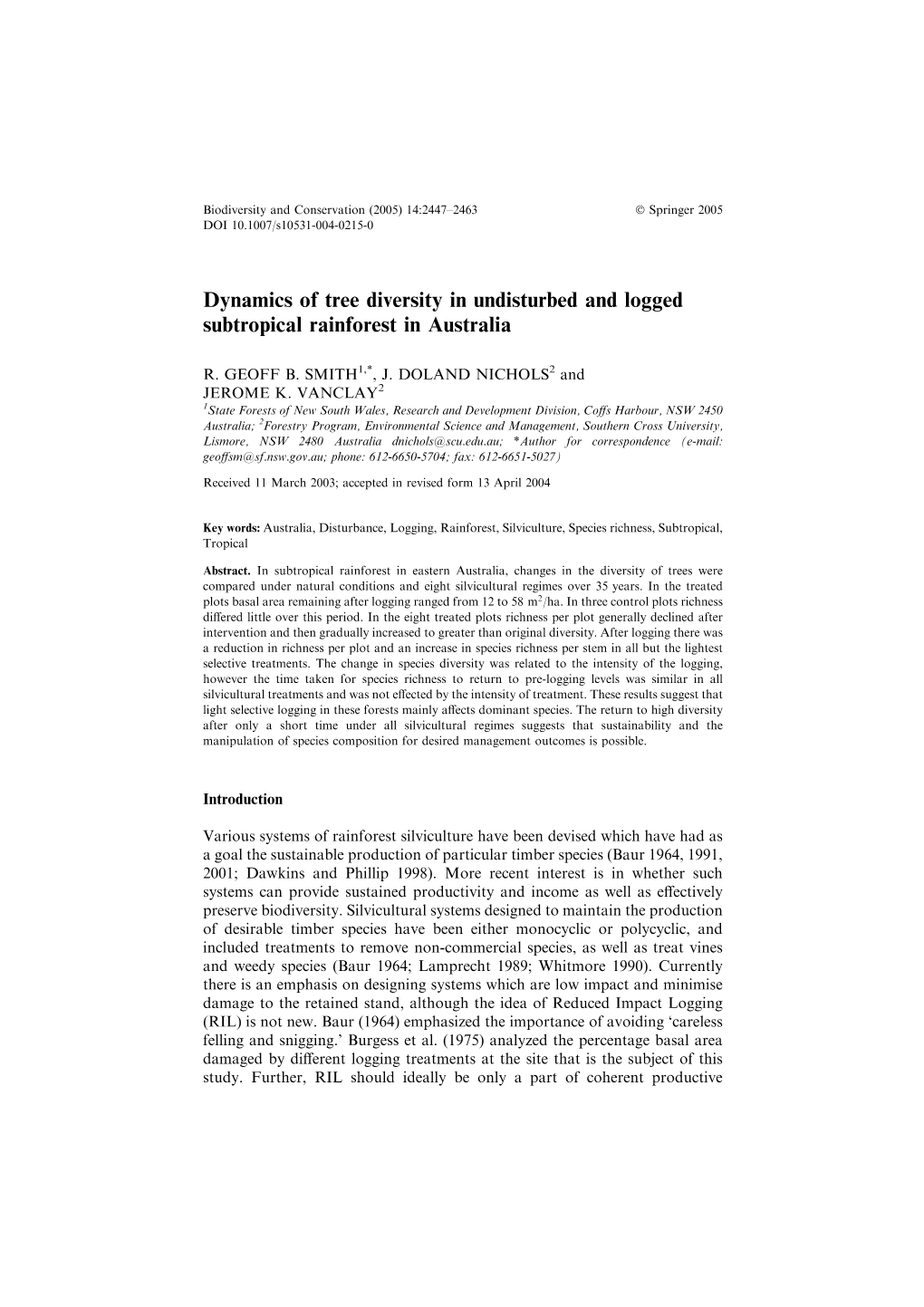 Dynamics of Tree Diversity in Undisturbed and Logged Subtropical Rainforest in Australia