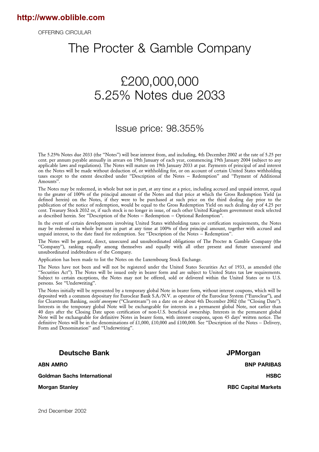 The Procter & Gamble Company £200,000,000 5.25% Notes Due 2033