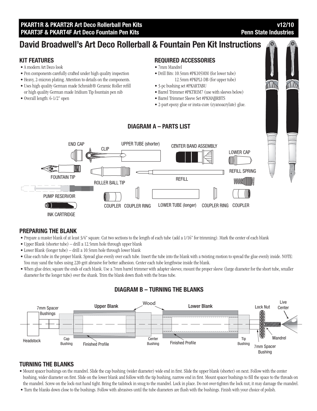 David Broadwell's Art Deco Rollerball & Fountain Pen Kit Instructions