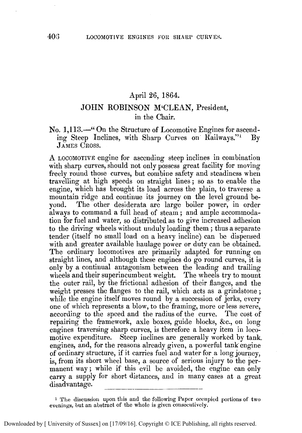 On the Structure of Locomotive Engines for Ascend- Ingsteep Inclines, Wit,H Sharp Curves on Railways."' by JAMESCROSS