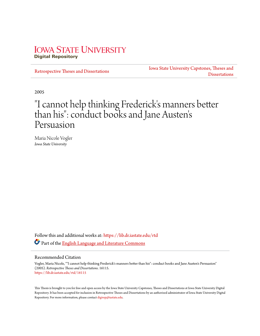 "I Cannot Help Thinking Frederick's Manners Better Than His": Conduct Books and Jane Austen's Persuasion Maria Nicole Vogler Iowa State University
