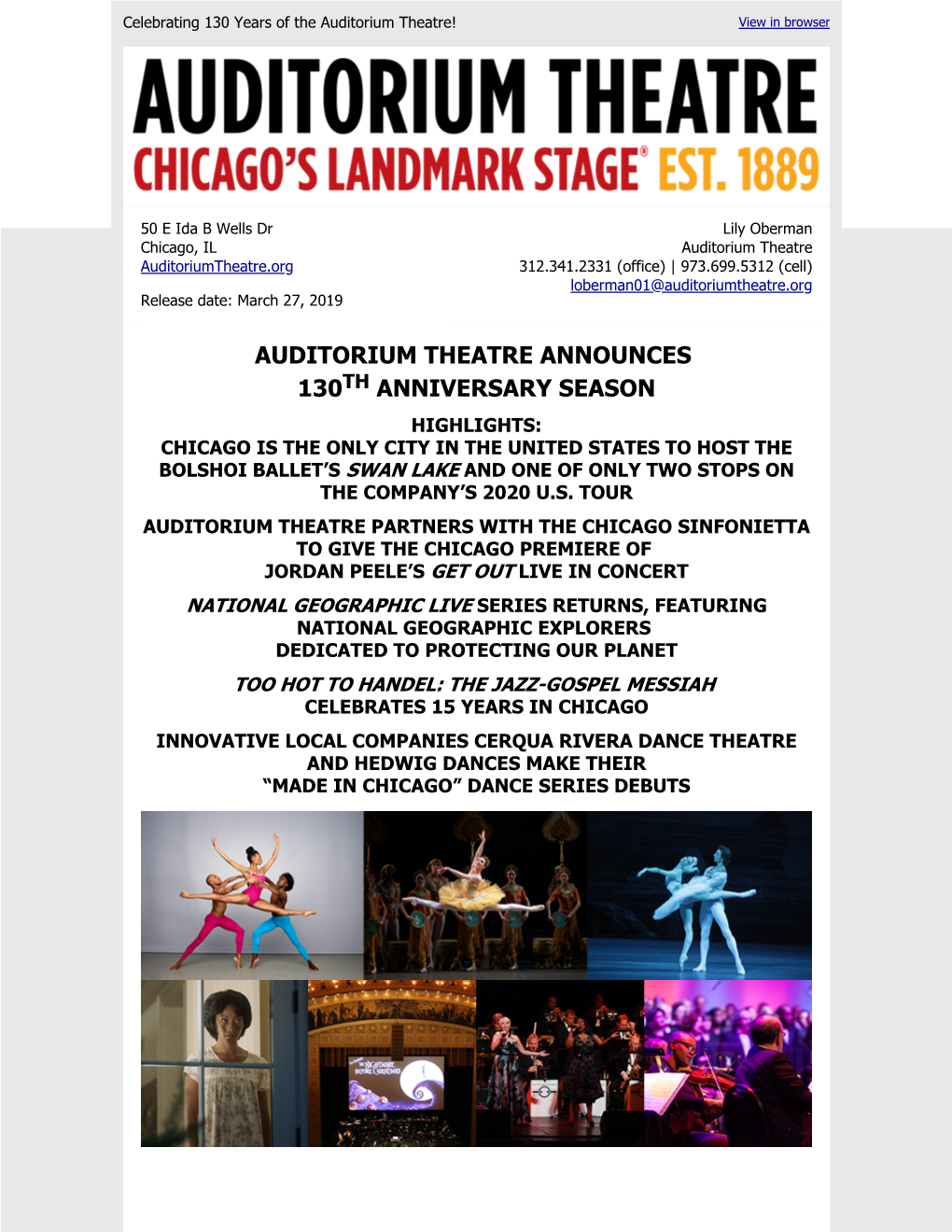 Auditorium Theatre Announces 130 Anniversary