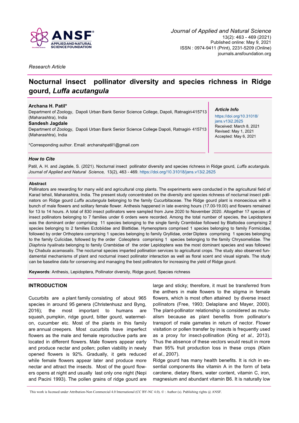 Nocturnal Insect Pollinator Diversity and Species Richness in Ridge Gourd, Luffa Acutangula