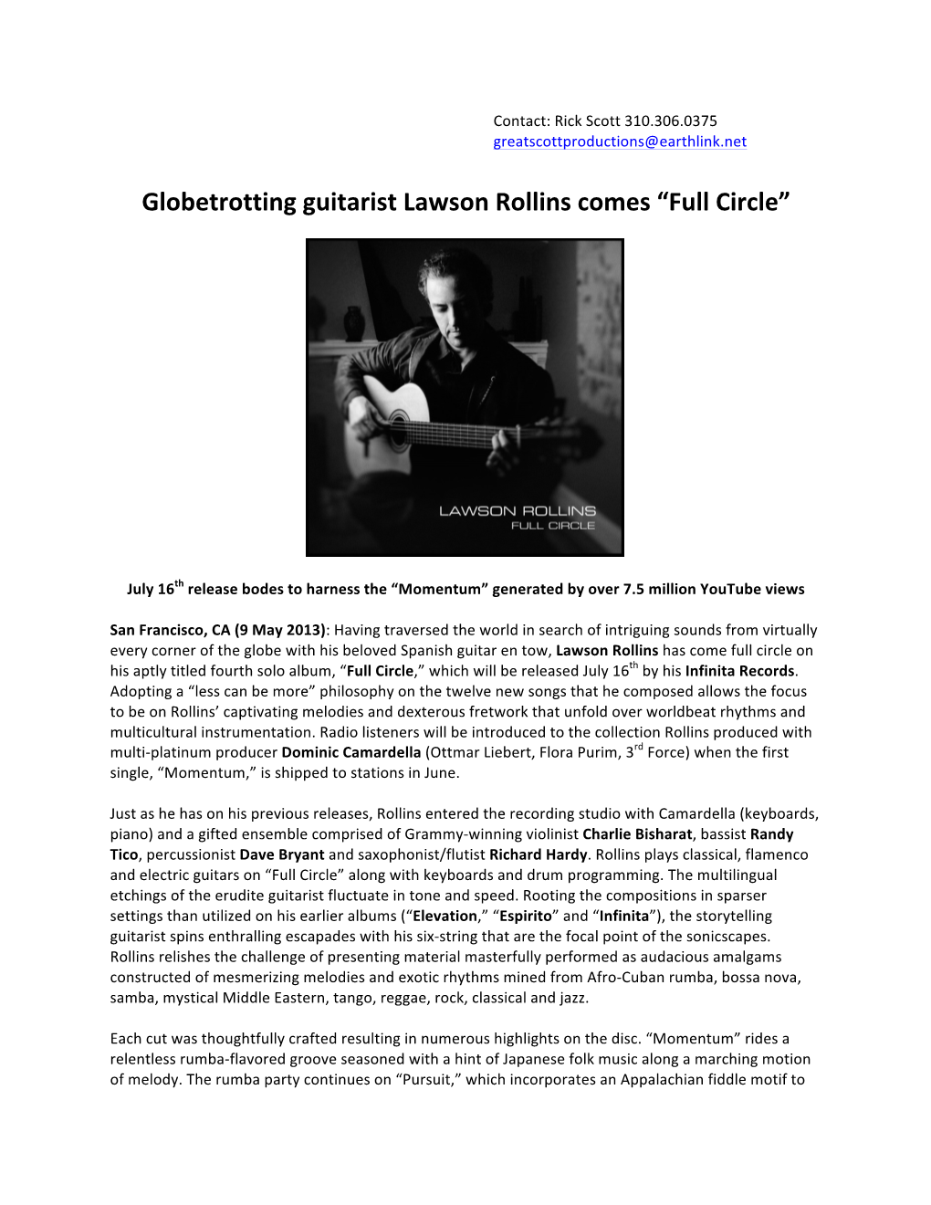 Globetrotting Guitarist Lawson Rollins Comes “Full Circle”