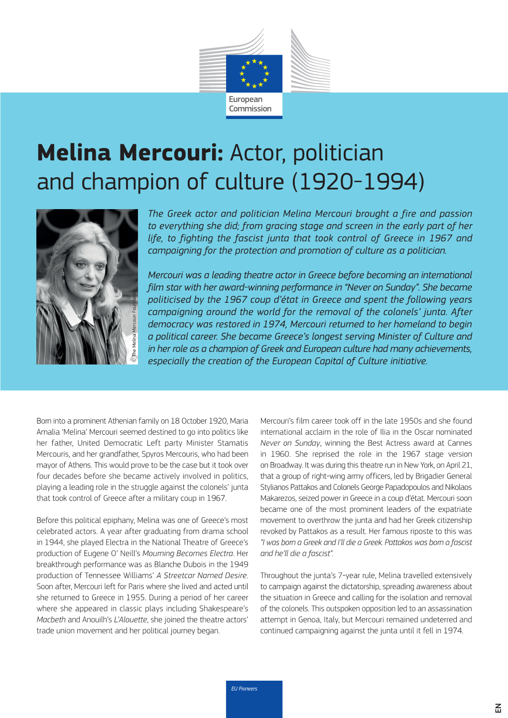 Melina Mercouri: Actor, Politician and Champion of Culture (1920-1994)
