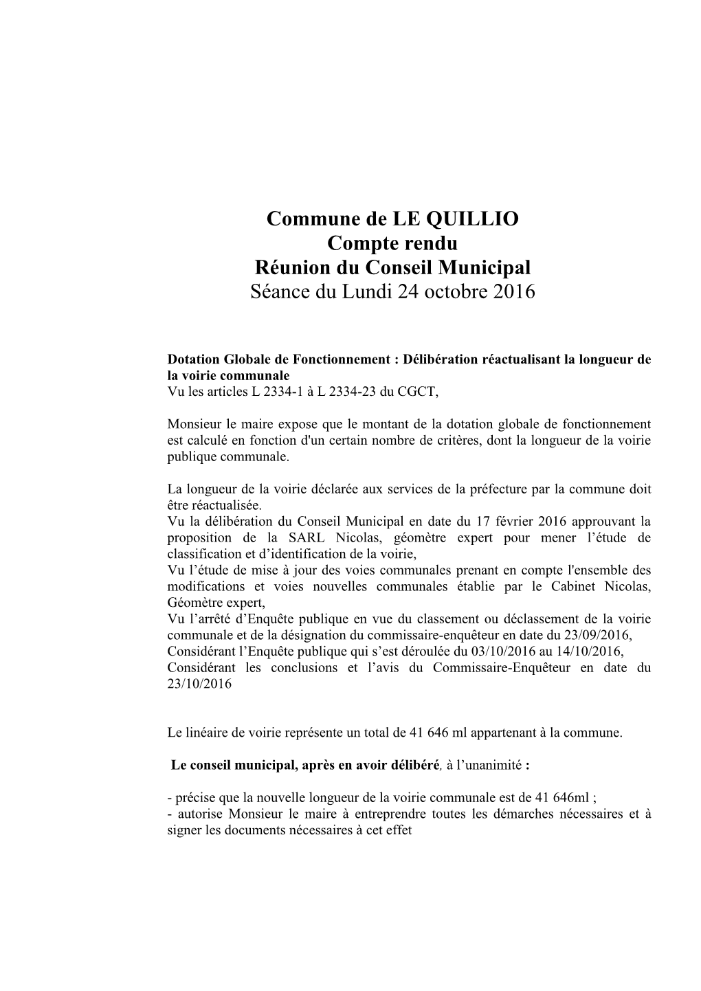 Commune De LE QUILLIO Compte Rendu Réunion Du Conseil Municipal Séance Du Lundi 24 Octobre 2016