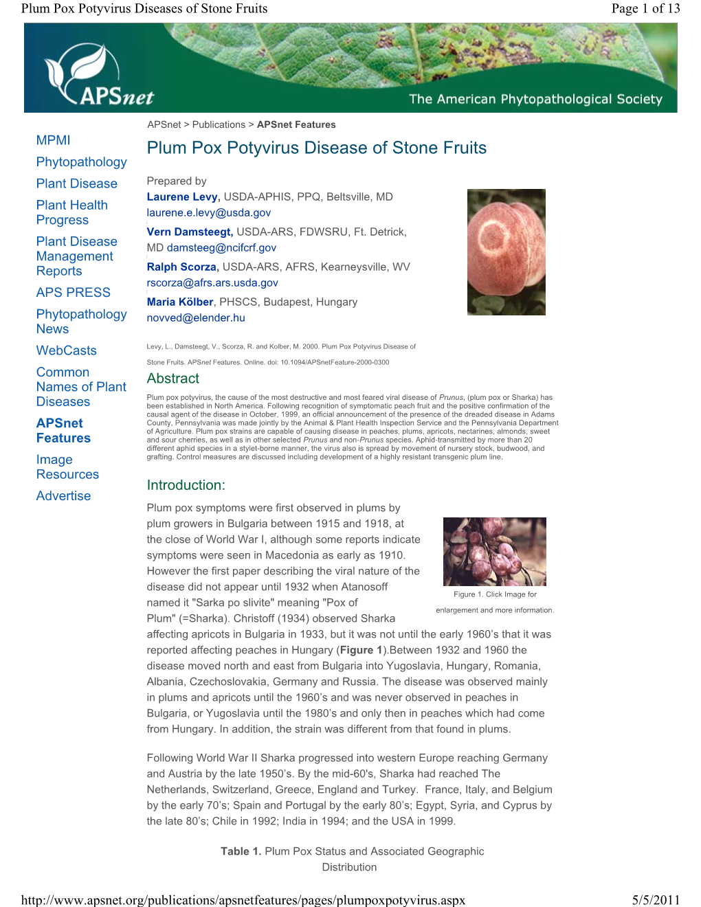 Plum Pox Potyvirus Disease of Stone Fruits