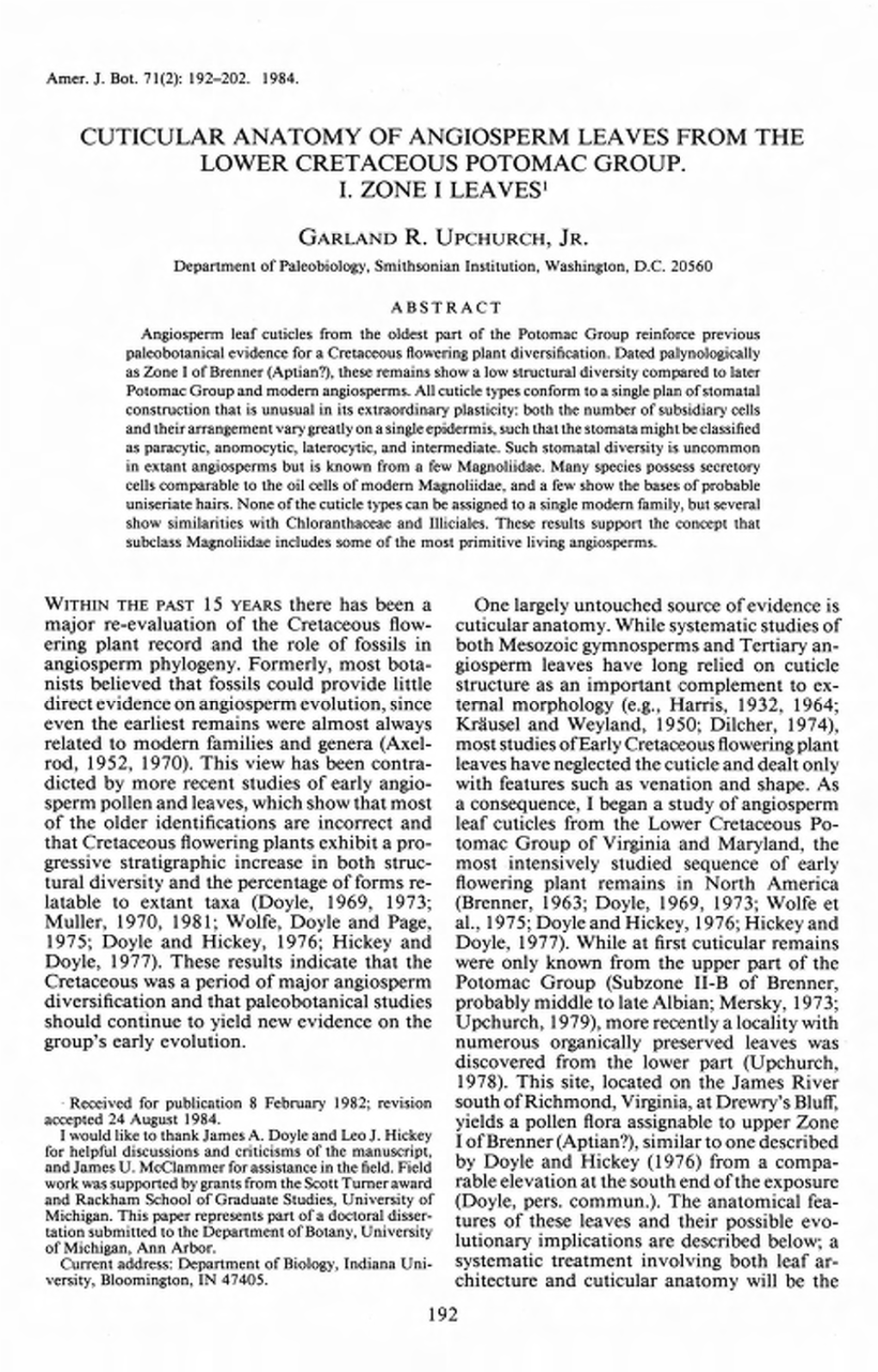 Cuticular Anatomy of Angiosperm Leaves from the Lower Cretaceous Potomac Group