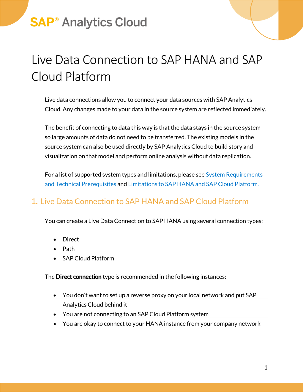 Live Data Connection to SAP HANA and SAP Cloud Platform