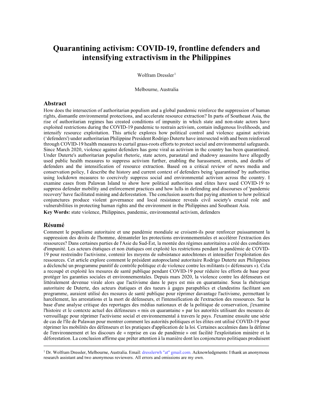 Quarantining Activism: COVID-19, Frontline Defenders and Intensifying Extractivism in the Philippines