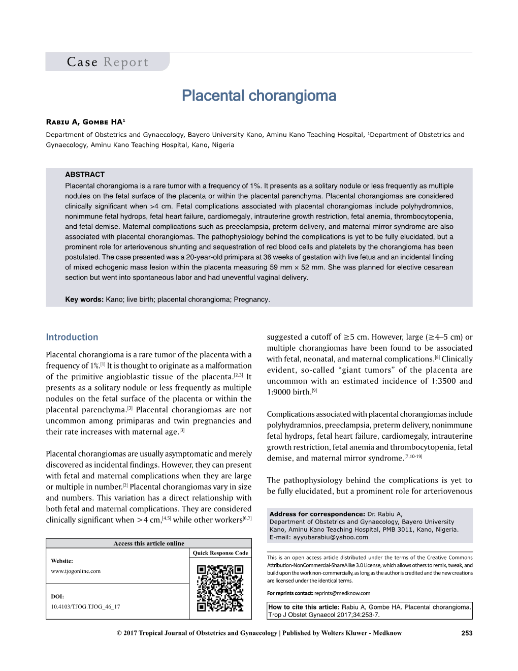 Placental Chorangioma