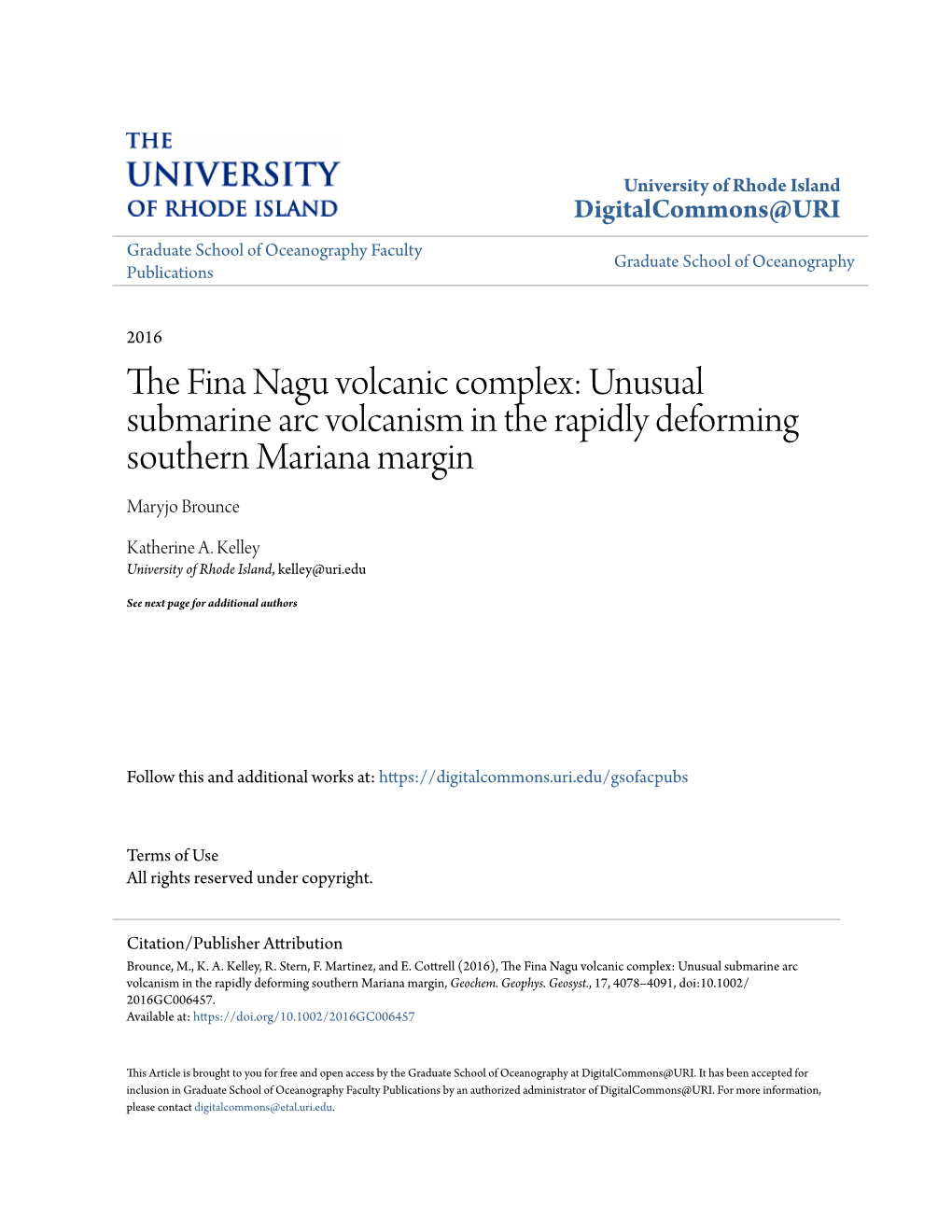 The Fina Nagu Volcanic Complex: Unusual Submarine Arc 10.1002/2016GC006457 Volcanism in the Rapidly Deforming Southern Mariana Margin