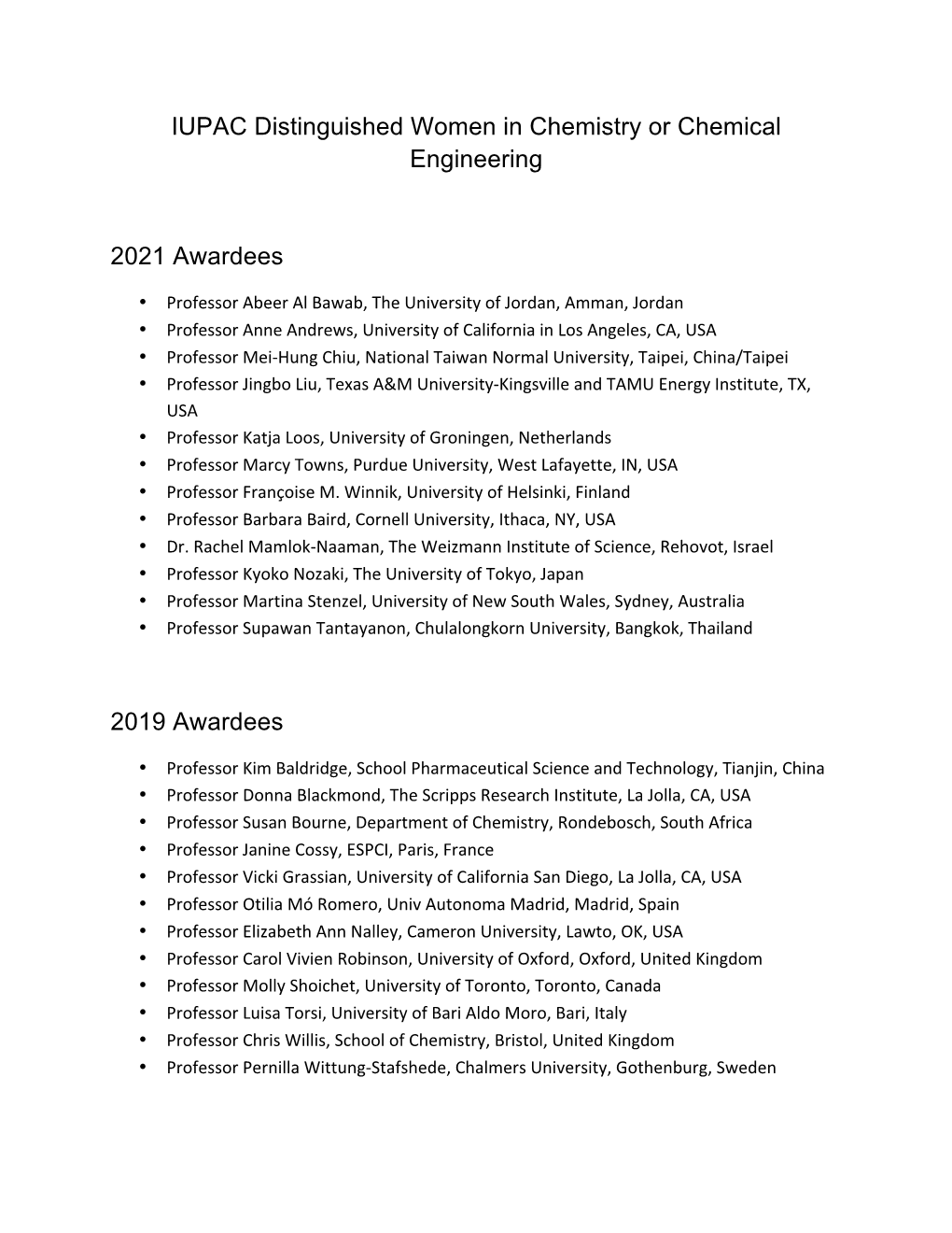 Recipients IUPAC Distinguished Women in Chemistry Or Chemical