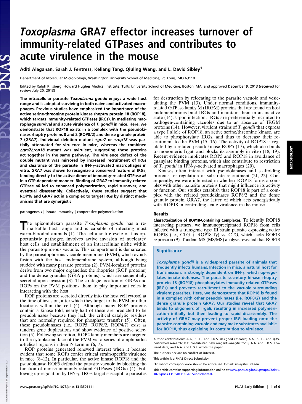 Toxoplasma GRA7 Effector Increases Turnover of Immunity-Related Gtpases and Contributes to Acute Virulence in the Mouse