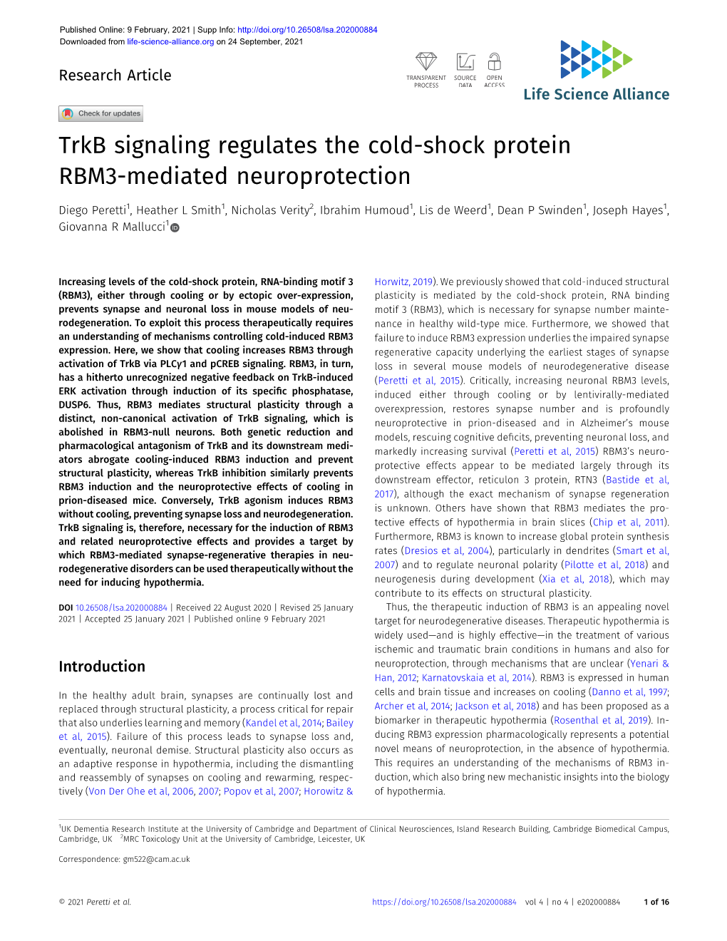 Trkb Signaling Regulates the Cold-Shock Protein RBM3-Mediated Neuroprotection