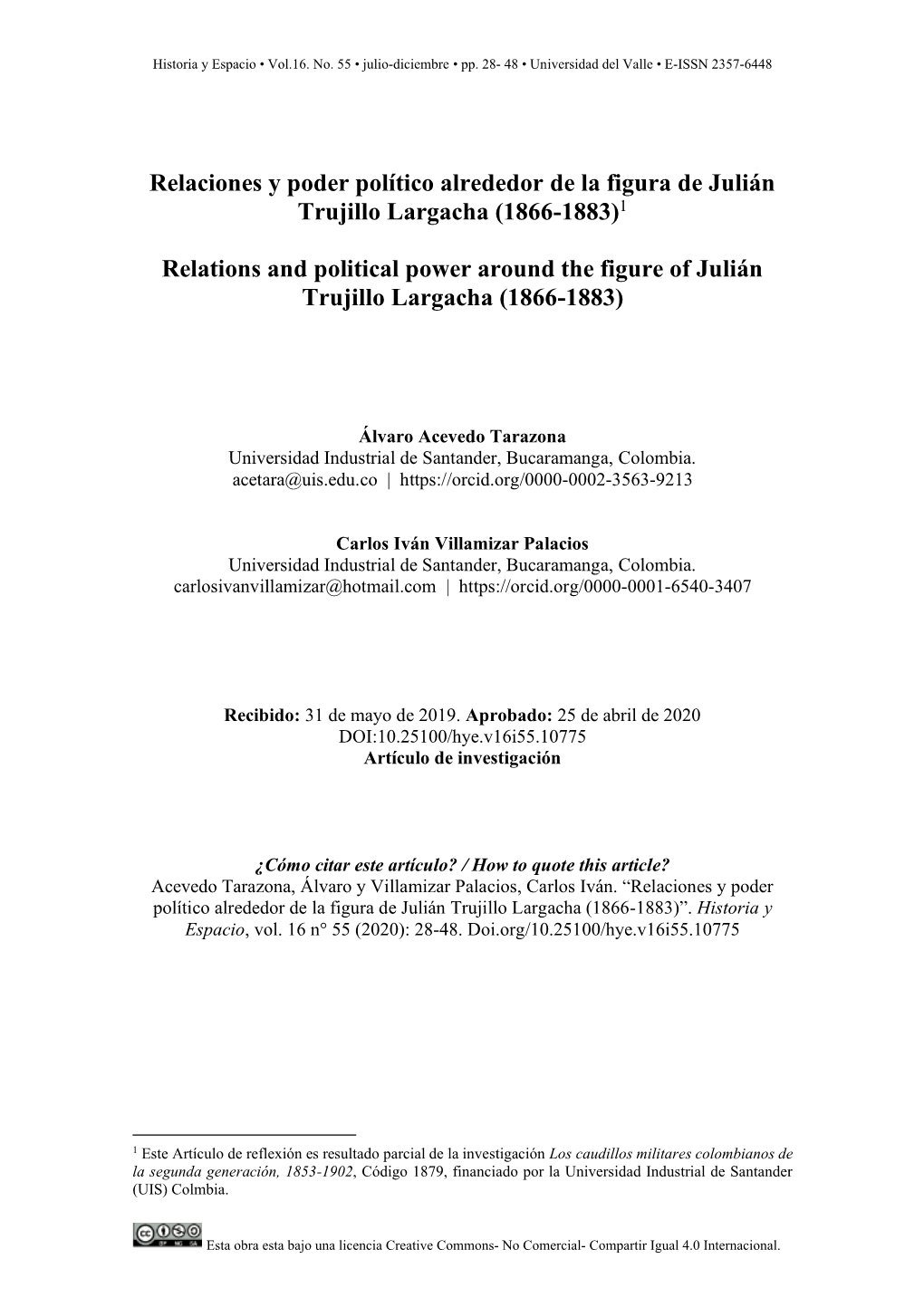 Relaciones Y Poder Político Alrededor De La Figura De Julián Trujillo Largacha (1866-1883)1