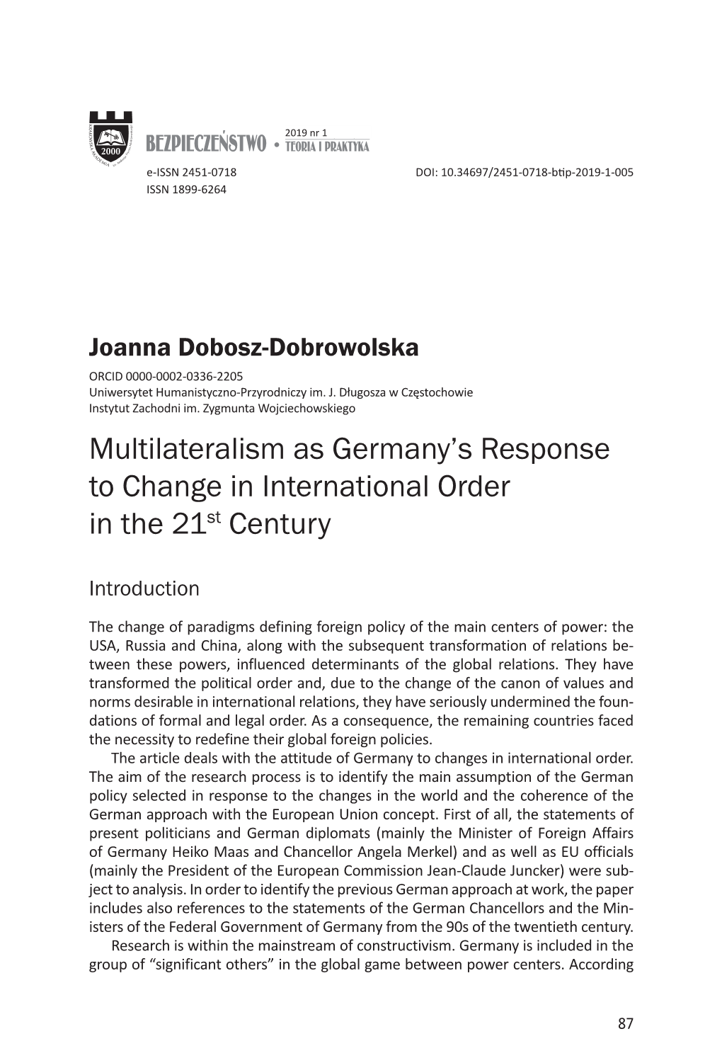 Multilateralism As Germany's Response to Change In