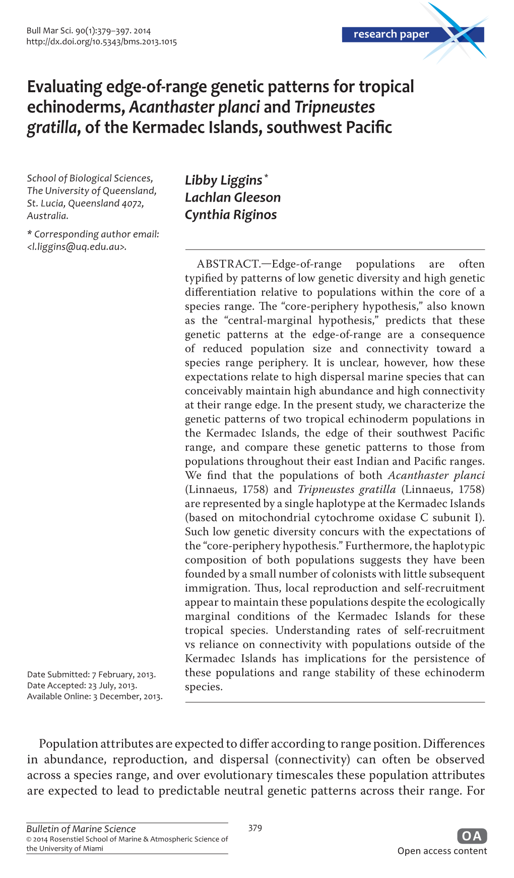 Evaluating Edge-Of-Range Genetic Patterns for Tropical Echinoderms, Acanthaster Planci and Tripneustes Gratilla, of the Kermadec Islands, Southwest Pacific