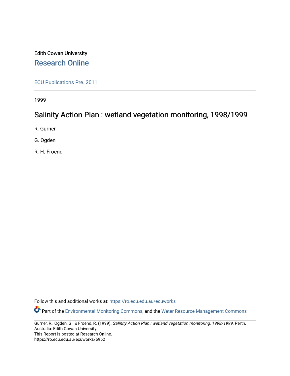 Salinity Action Plan : Wetland Vegetation Monitoring, 1998/1999