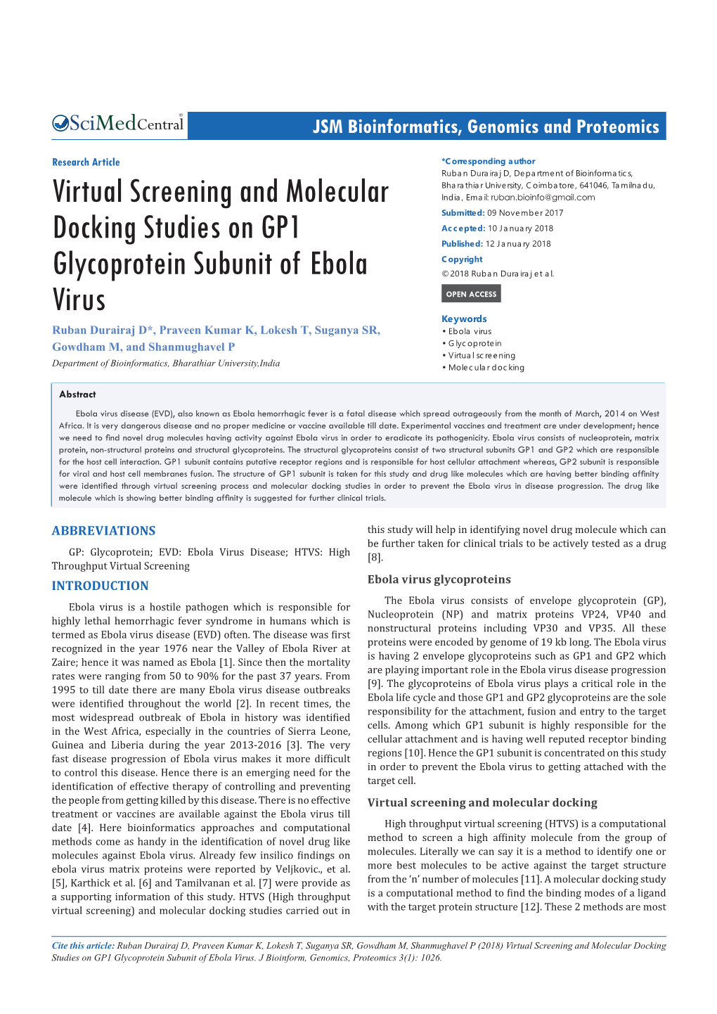 Virtual Screening and Molecular Docking Studies on GP1 Glycoprotein Subunit of Ebola Virus