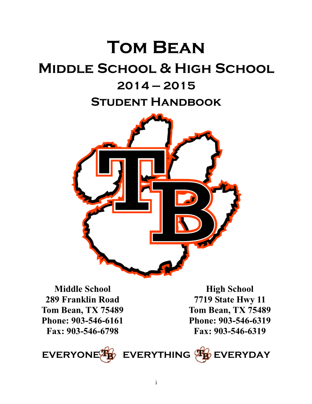 Tom Bean Middle School & High School 2014 – 2015 Student Handbook