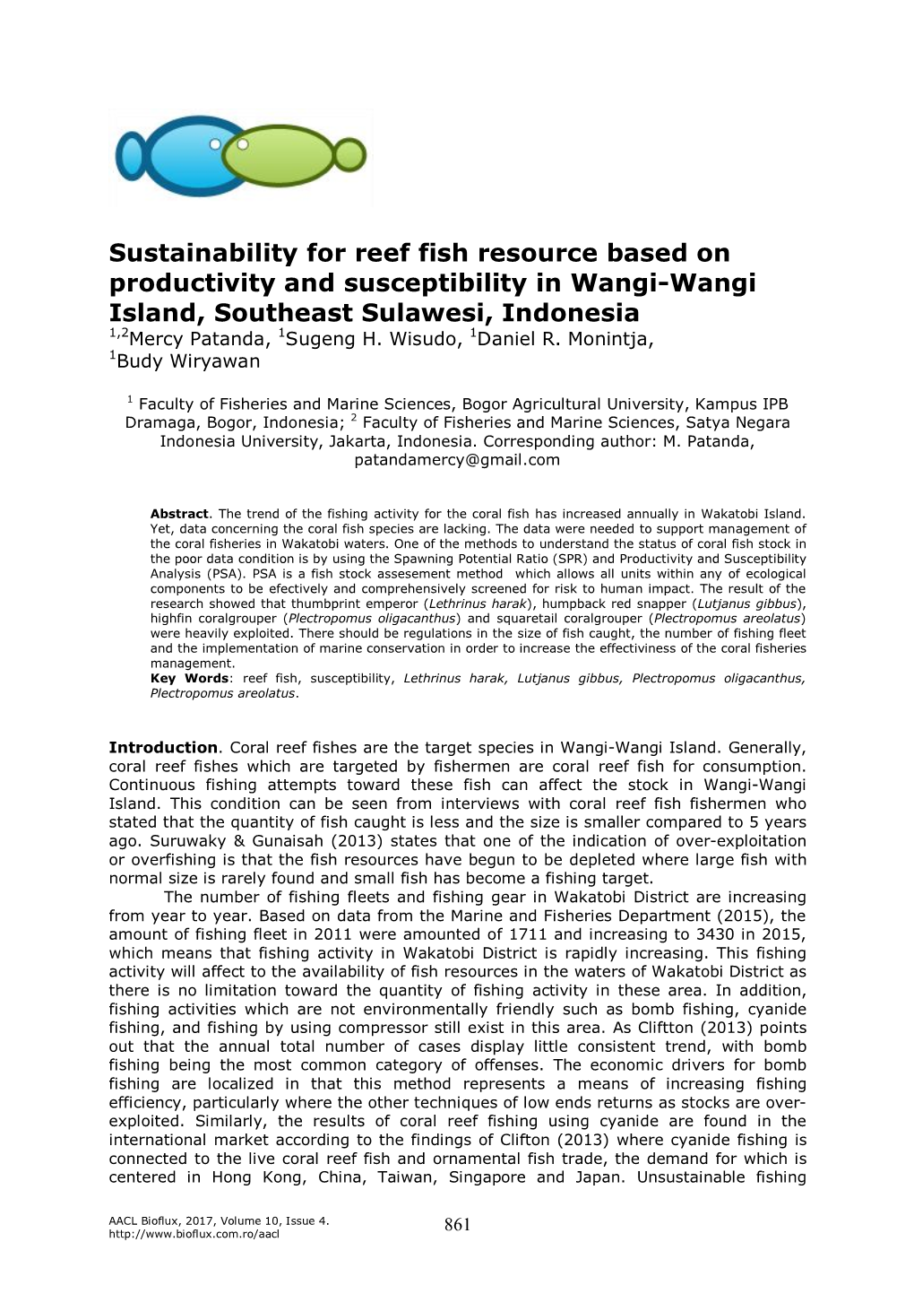 (2017). Sustainability for Reef Fish Resource Based On