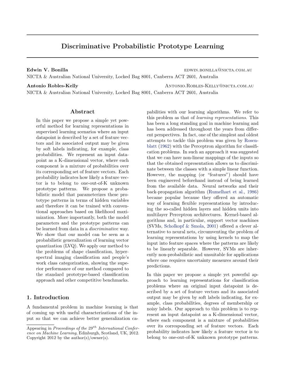 Discriminative Probabilistic Prototype Learning