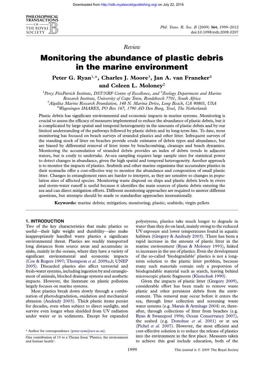 Monitoring the Abundance of Plastic Debris in the Marine Environment Peter G