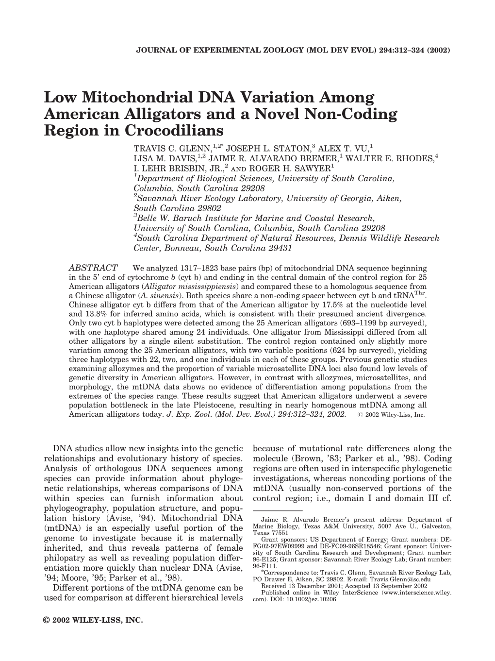 Low Mitochondrial DNA Variation Among American Alligators and a Novel Non-Coding Region in Crocodilians