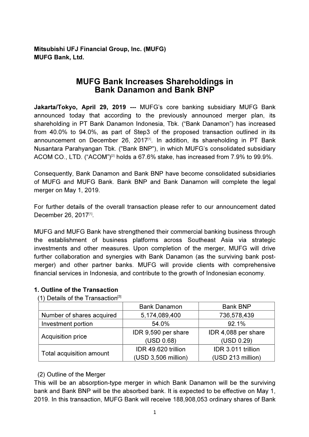 MUFG Bank Increases Shareholdings in Bank Danamon and Bank BNP