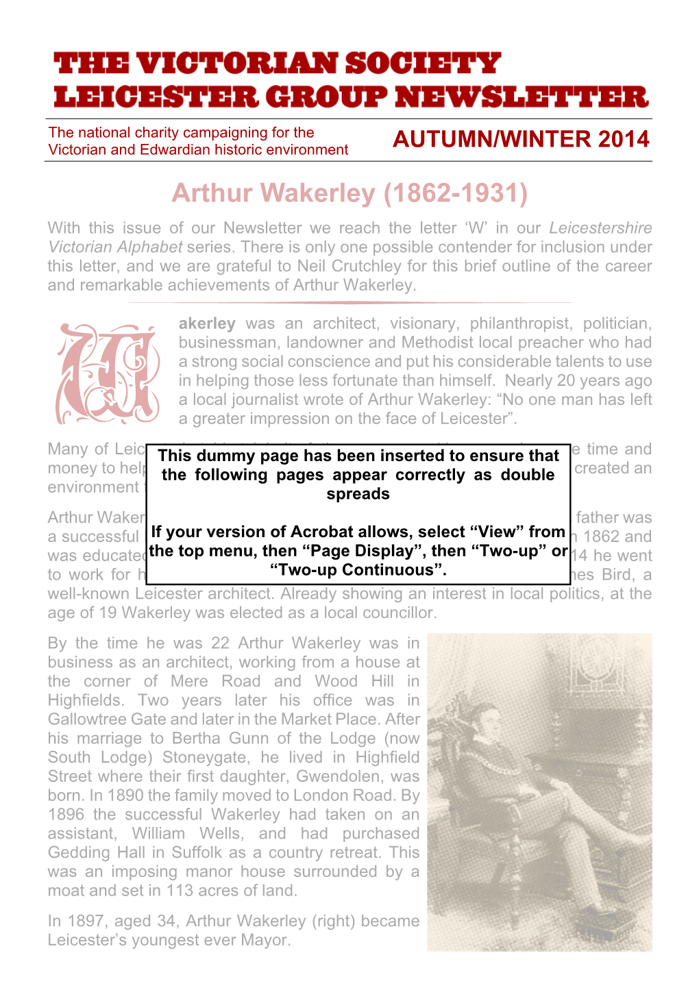 Arthur Wakerley (1862-1931) with This Issue of Our Newsletter We Reach the Letter ‘W’ in Our Leicestershire Victorian Alphabet Series
