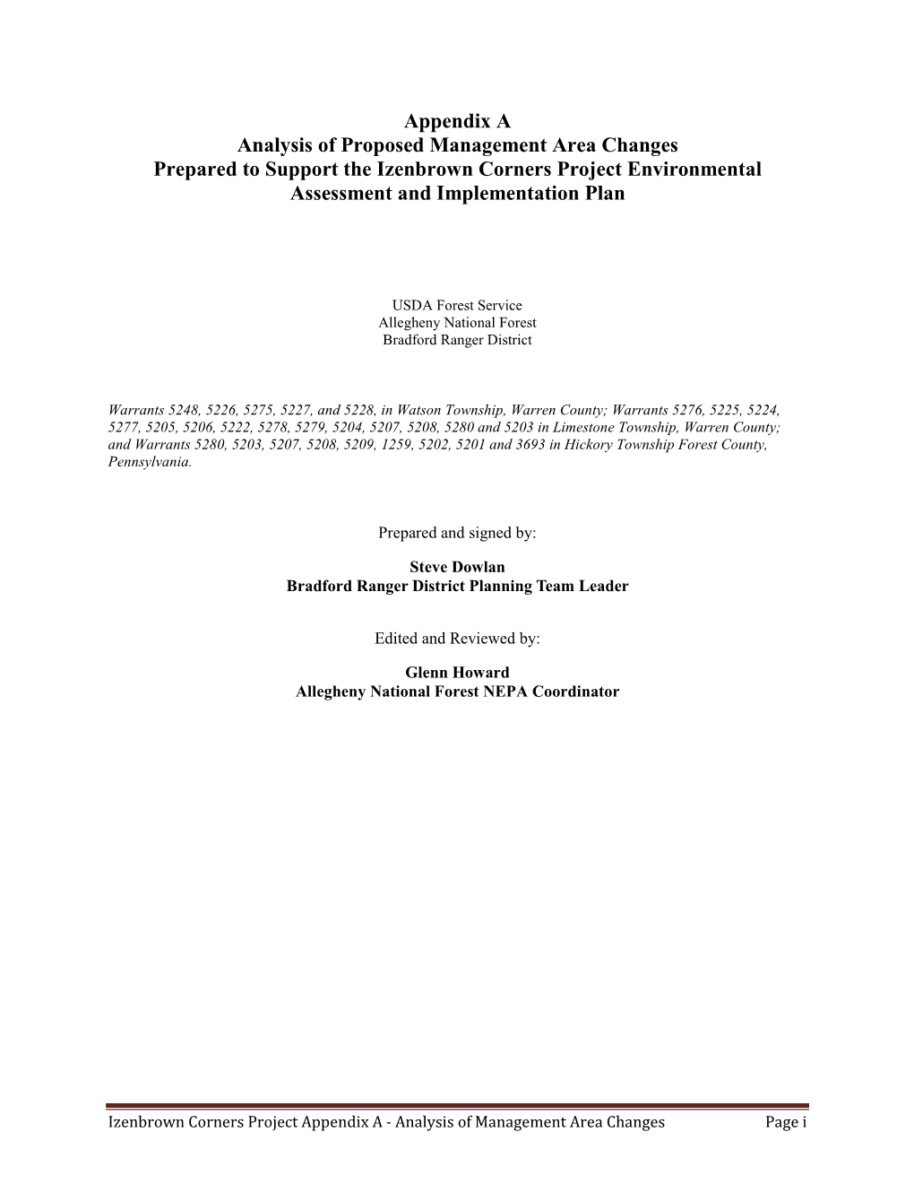 Appendix a Analysis of Proposed Management Area Changes Prepared to Support the Izenbrown Corners Project Environmental Assessment and Implementation Plan