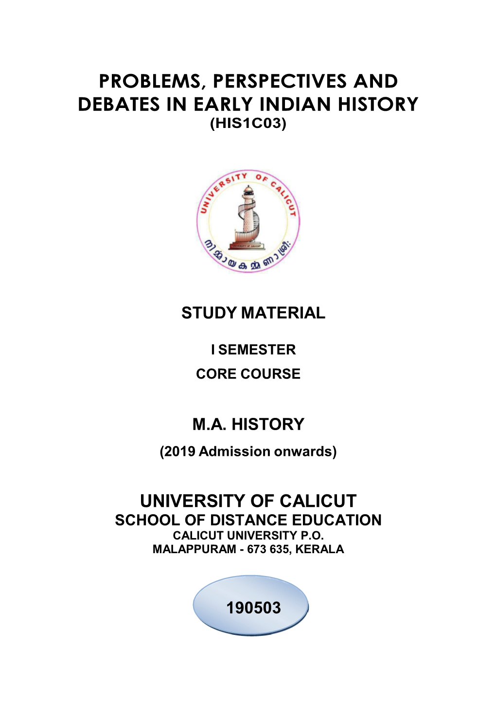 Problems, Perspectives and Debates in Early Indian History (His1c03)